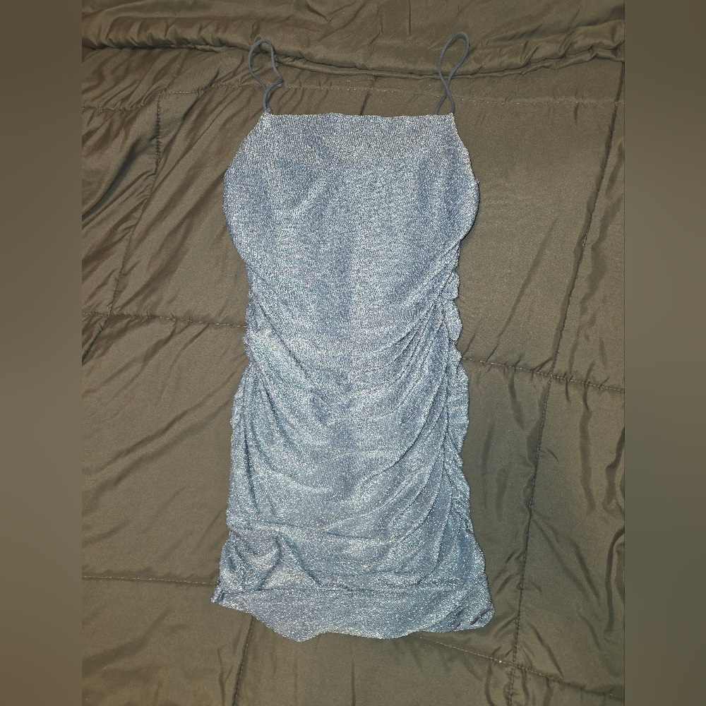 Shimmer Slip Ruched Mini Dress - Light Blue